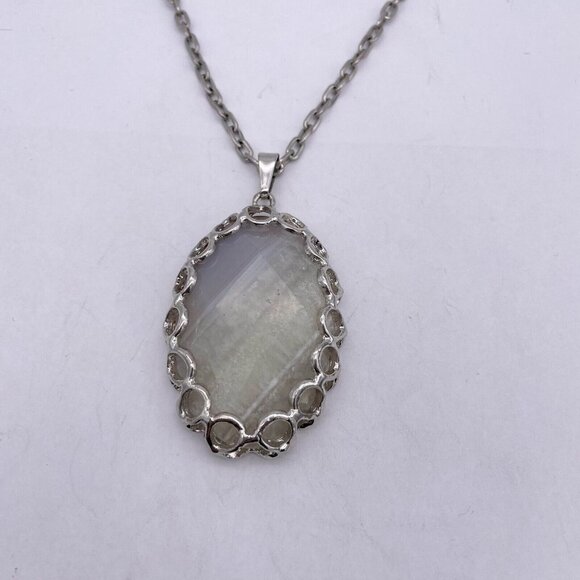 Large Oval Shape Agate Pendant Round Link Chain Necklace 34 Inch - Picture 5 of 6